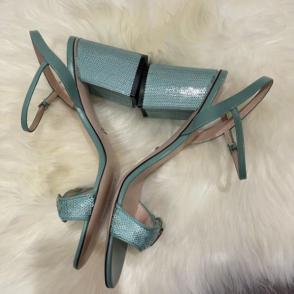 Gucci Green Sequin Gg Marmont Mid Heeled Sandals - Picture 9 of 13